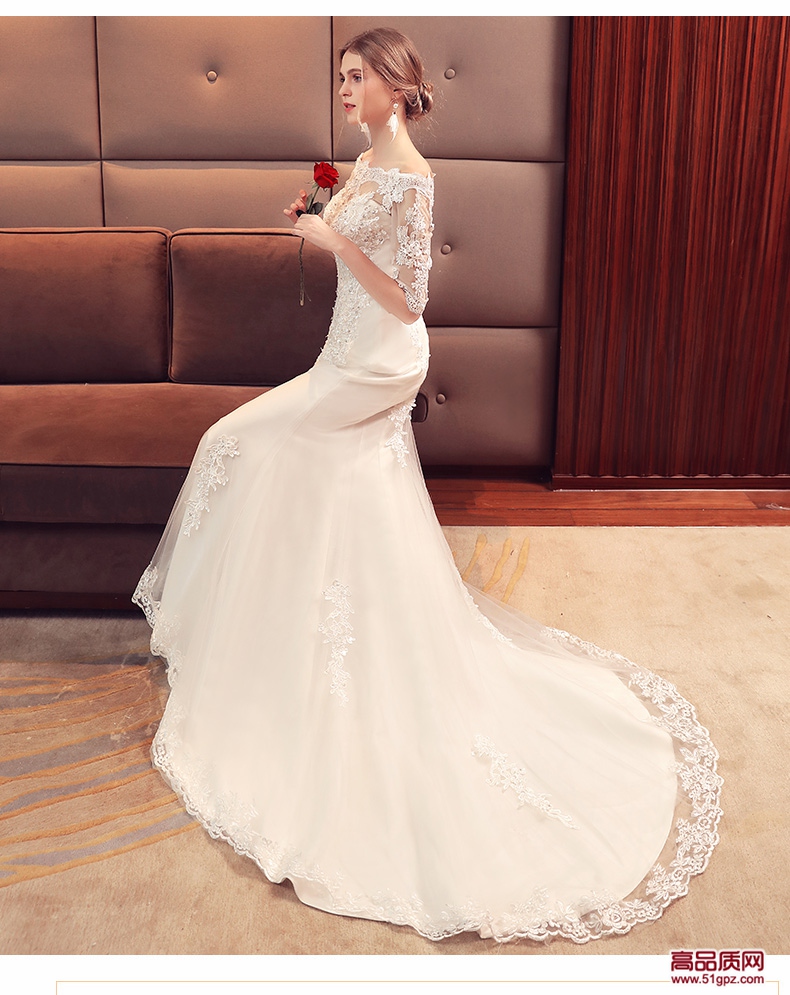 白色婚纱礼服2018新款新娘结婚欧美显瘦修身长袖一字肩婚纱鱼尾冬季
