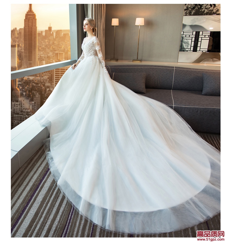 白色拖尾齐地轻婚纱2018新款新娘结婚礼服拖尾欧美公主梦幻出门纱超仙旅拍显瘦